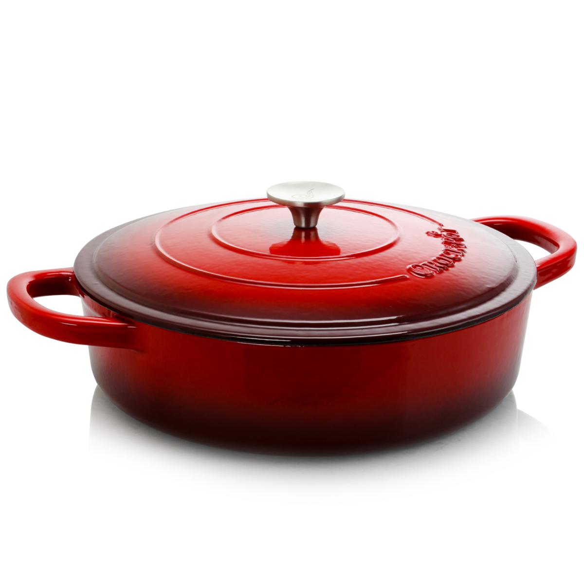 Crock Pot Zesty Flavors Enameled 5 Quart Cast Iron Round Braiser Pan with Self Basting Lid in Scarlet