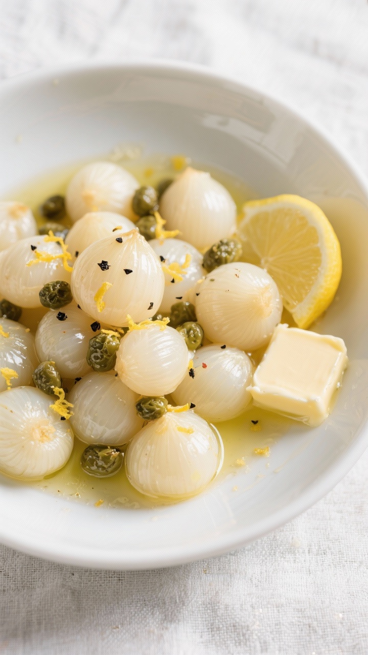 Overhead plated presentation of lemon-pepper boiled pearl onions in a shallow white bowl: plump pearl onions glistening in a light butter and olive oil emulsion, splashed with dry white wine, studded with briny capers. Freshly cracked black pepper and flecks of lemon zest scatter across the onions; a lemon wedge and a small pat of melting butter on the side. Crisp, cool lighting with a pale linen evokes bright, zesty flavors.