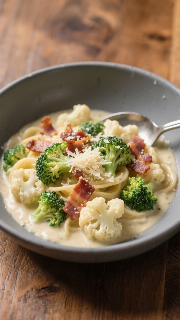 45-degree angle bowl shot of creamy cauliflower Alfredo with bacon and broccoli: silky cauliflower Alfredo sauce coating tender florets, bright green broccoli bites, crisp bacon pieces scattered on top, grated Parmesan dusting; served in a matte grey bowl on a wooden table, spoon marks in the sauce for movement, warm, comforting mood.