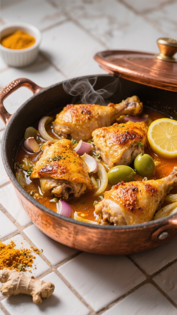45-degree angle, braise-in-progress of Moroccan-spiced chicken tagine (no tagine): bone-in, skin-on chicken thighs seared golden, nestled with sliced onion, minced garlic, and grated fresh ginger; warm spices visible as a rub (turmeric, cumin, coriander hinted), orange-gold braising juices bubbling around, preserved lemon and green olive accents suggested in a small ramekin; steam curling up, copper Dutch oven on a tiled surface, rich saffron-hued glow, caramelized edges on chicken skin.