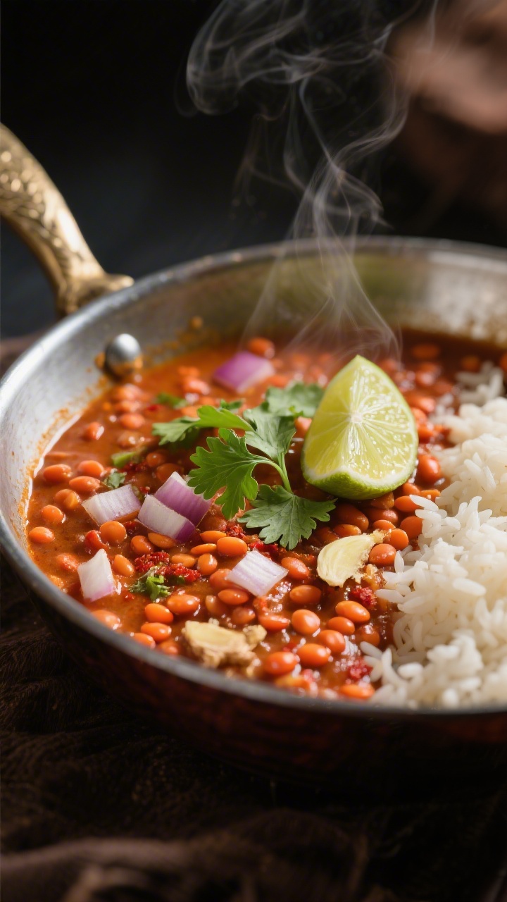 45-degree angle close-up of Creamy Red Lentil Coconut Curry simmering in a shallow stainless skillet: tender red lentils in a luscious coconut-infused sauce tinted by red curry paste, with visible diced onion, minced garlic, and grated ginger. Garnished with fresh cilantro and a wedge of lime, served alongside steamed basmati rice in the background. Warm, moody lighting with gentle steam rising.