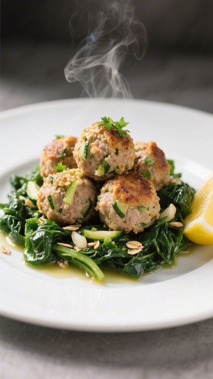 45-degree angle plated presentation: high-protein turkey zucchini meatballs, visibly flecked with grated zucchini and oat crumb texture, piled over garlicky sautéed greens (spinach and kale sheen from olive oil), sprinkled with finely chopped parsley; light steam rising, golden-browned meatball crust, a lemon wedge tucked on the side; set on a matte white plate with minimal props to emphasize clean, healthy vibes.