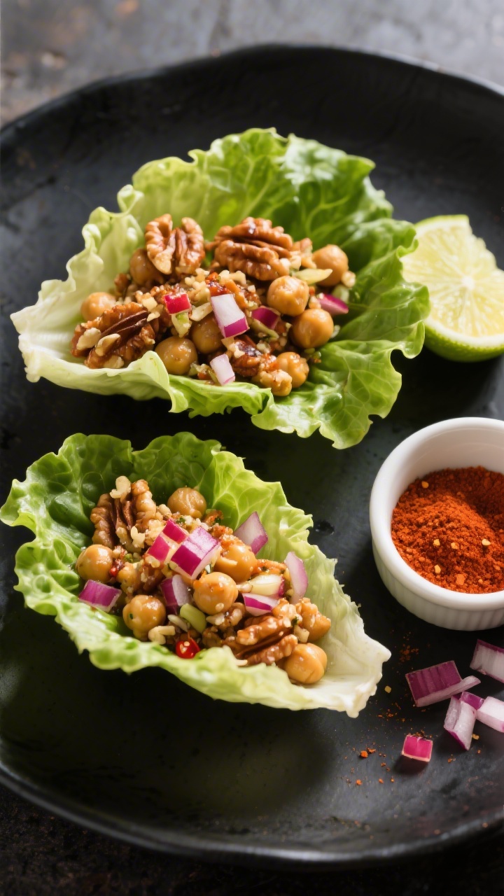45-degree angle plated presentation of smoky chickpea and walnut “taco” lettuce cups: crisp butter lettuce leaves filled with a crumbled mixture of chickpeas and toasted walnuts sautéed with olive oil, finely chopped red onion, minced garlic, chili powder, and cumin, garnished with a squeeze of lime. Show a small ramekin of chili powder and some chopped red onion on the side. Bright, vibrant colors on a matte black plate for contrast.
