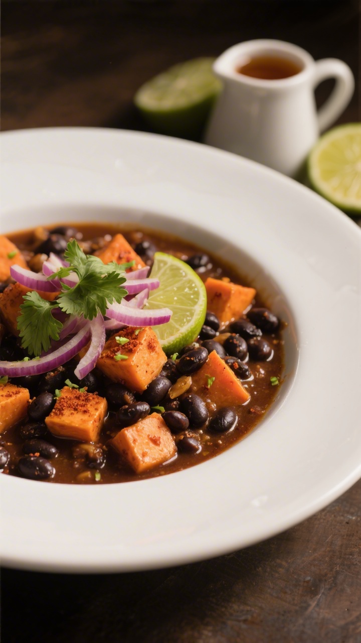 45-degree angle plated presentation of Sweet Potato & Black Bean Chili With Maple-Lime Glory: tender 1/2-inch orange sweet potato cubes and glossy black beans in a smoky paprika and chili powder sauce, finished with a maple-lime drizzle; served in a wide white bowl topped with thinly sliced red onion, fresh cilantro, and lime zest; a small pitcher of maple syrup and halved limes in background blur; warm, moody tones with directional light highlighting the sweet-savory glaze and soft textures.