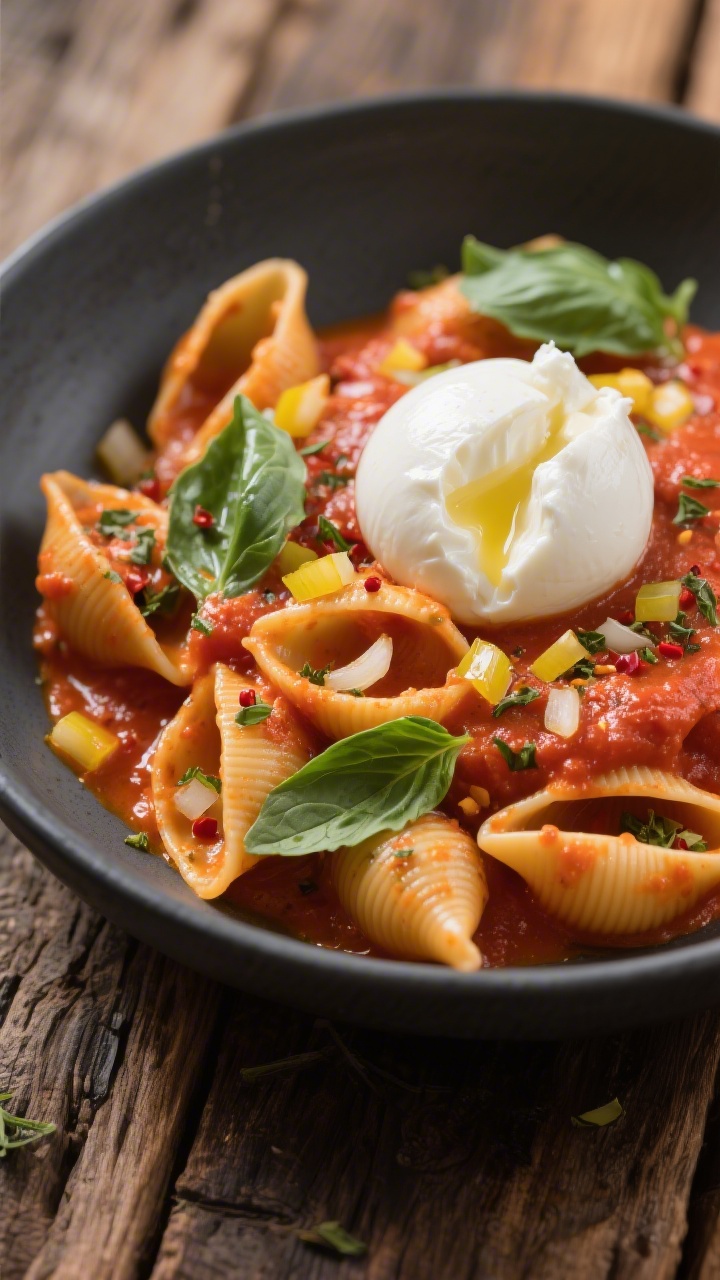 45-degree angle shot of Creamy Tomato Basil One-Pot Shells with Burrata: tender medium pasta shells coated in a silky tomato-oregano sauce with a hint of crushed red pepper, torn fresh basil scattered generously, a ball of burrata torn open on top with creamy center oozing into the sauce, glistening olive oil finish; finely chopped yellow onion and minced garlic visible in the sauce; served in a matte charcoal bowl on a rustic wood surface for contrast, shallow depth of field.