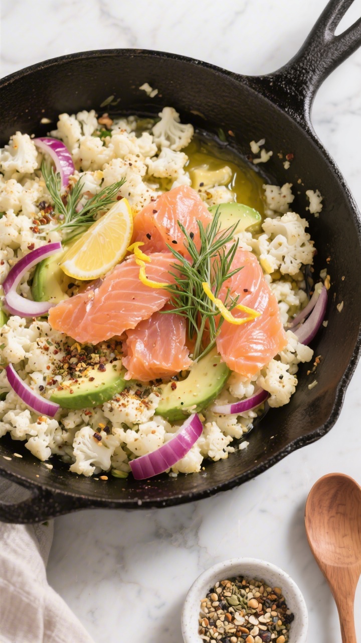 45-degree angle skillet action shot of “Everything” cauliflower hash with smoked salmon: a wide black skillet filled with sizzling riced cauliflower sautéed in avocado oil and butter, studded with thin slivers of red onion; seasoning of garlic powder and everything bagel seasoning visibly scattered; flaked smoked salmon folded in at the end, glossy and coral-pink; garnished with fresh dill and lemon zest; set on a light marble surface with a small bowl of everything seasoning and a wooden spoon; crisp textures, appetizing sheen.