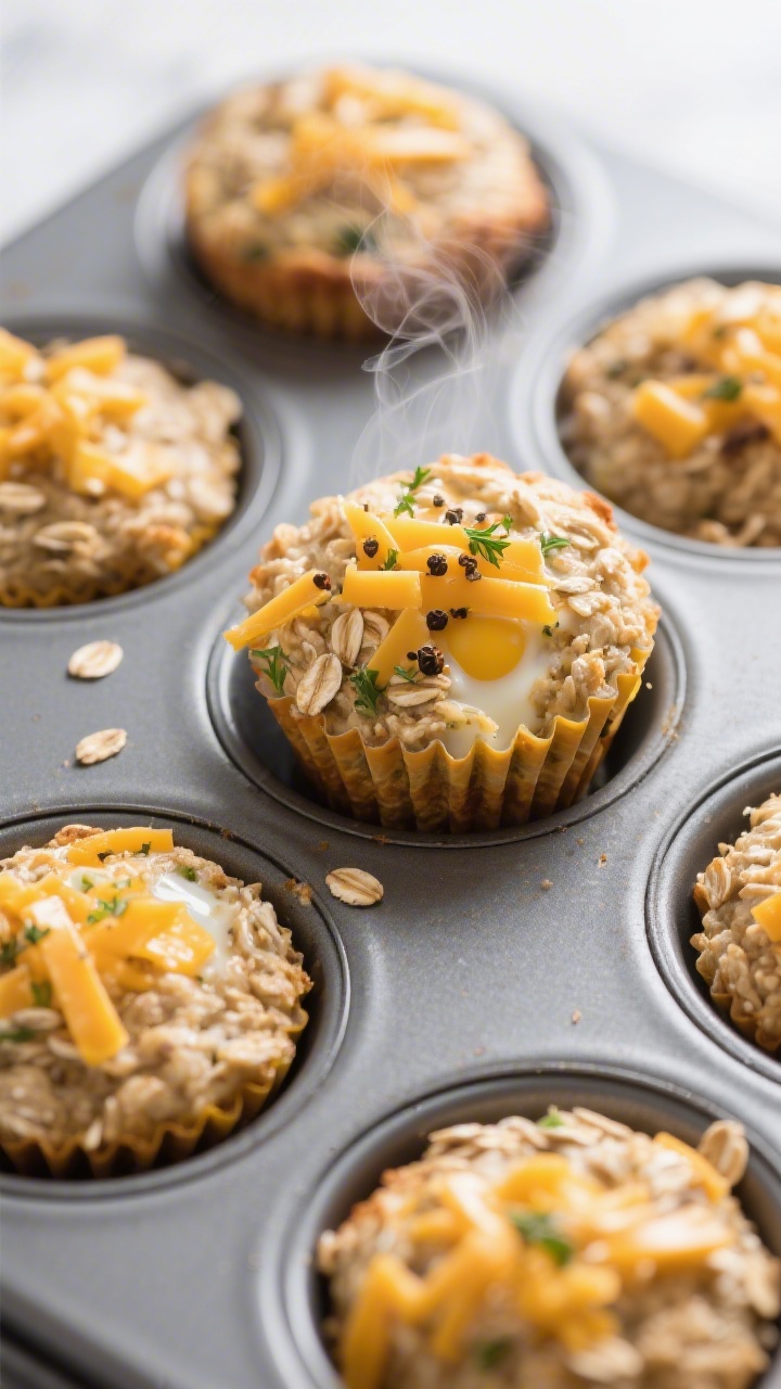 45-degree baking scene of savory oatmeal muffin cups in a nonstick muffin tin just out of the oven: visible rolled oats bound with milk and eggs, tops studded with shredded sharp cheddar, flecks of herbs and pepper; a few muffins lifted to reveal tender interiors; steam subtly rising; neutral backdrop, emphasizing hearty meal-prep energy and golden, cheesy crusts.