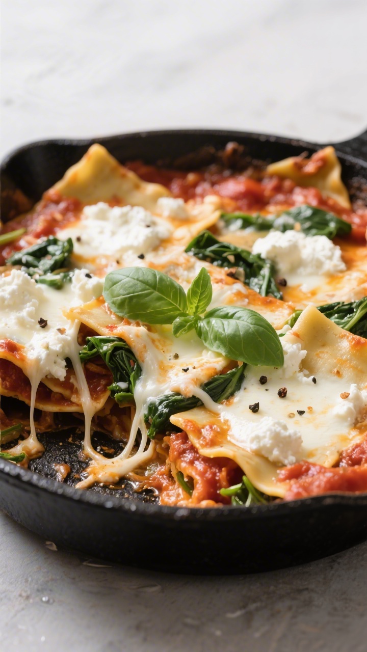 45-degree bubbling Cottage Cheese Spinach Lasagna Skillet: broken whole-wheat lasagna sheets nestled in marinara with a splash of water, creamy dollops of cottage cheese and part-skim mozzarella melting into ribbons, wilted spinach folded throughout. Garnished with fresh basil and cracked pepper. Served in a black skillet, strings of cheese stretching, cozy weeknight comfort mood.