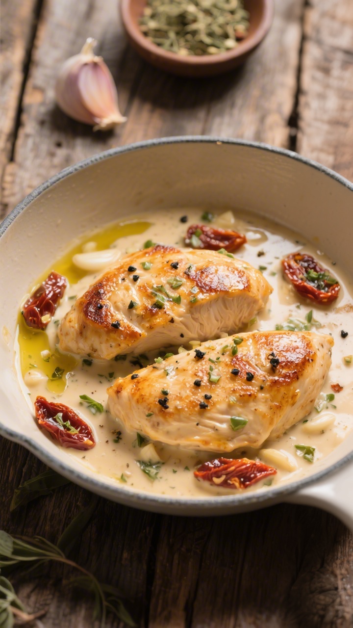 45-degree close-up of a creamy Tuscan chicken skillet: golden-seared chicken breasts nestled in a luscious cream sauce with visible sun-dried tomatoes, minced garlic, and Italian seasoning flecks; olive oil gloss on the chicken, crackled black pepper on top, sauce pooling around the edges; shot in a matte enameled skillet on a rustic wooden table with a small dish of Italian seasoning and a clove of garlic in the background; warm, inviting light that makes the sauce look drinkable.