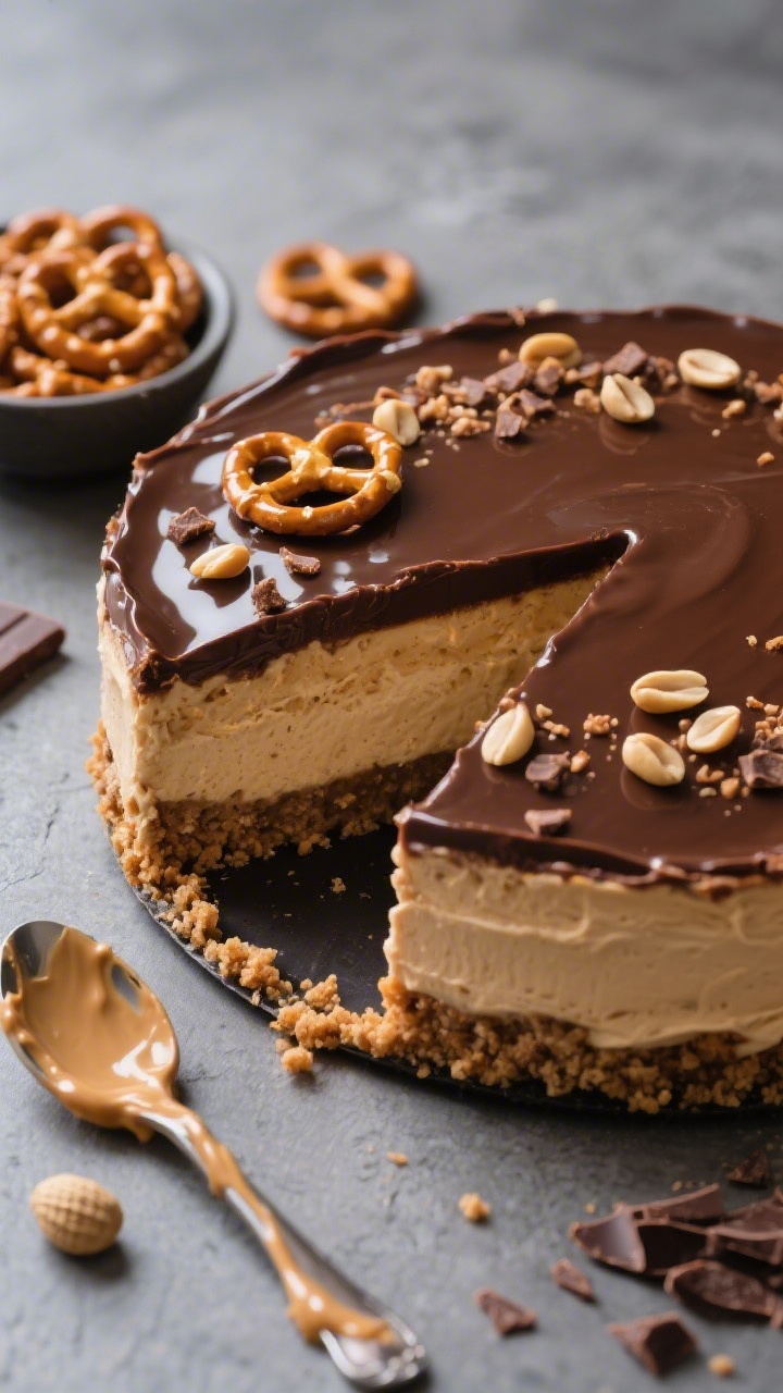 45-degree hero shot of a no-bake peanut butter pretzel mousse cake: creamy peanut butter mousse set in a crinkled pretzel-crumb crust, topped with glossy chocolate ganache and a scatter of crushed pretzels and roasted peanuts for salty crunch. Clean slice removed to reveal layers—crisp, crumbly crust; pillowy mousse; mirror-like ganache. Styled on a cool slate surface with a small bowl of pretzel twists, a spoon streaked with peanut butter, and chocolate shards; inviting, indulgent, yet no-bake simplicity.