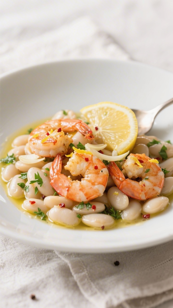 45-degree plated presentation of garlicky lemon shrimp over herby white beans: plump shrimp sautéed in olive oil and butter with thinly sliced garlic and a pinch of red pepper flakes, glossed with lemon zest and juice, spooned atop creamy cannellini beans tossed with chopped parsley and olive oil; finishing butter melting into a glossy sauce, served in a shallow white bowl with micro-zest of lemon and extra cracked pepper, set on a light linen.
