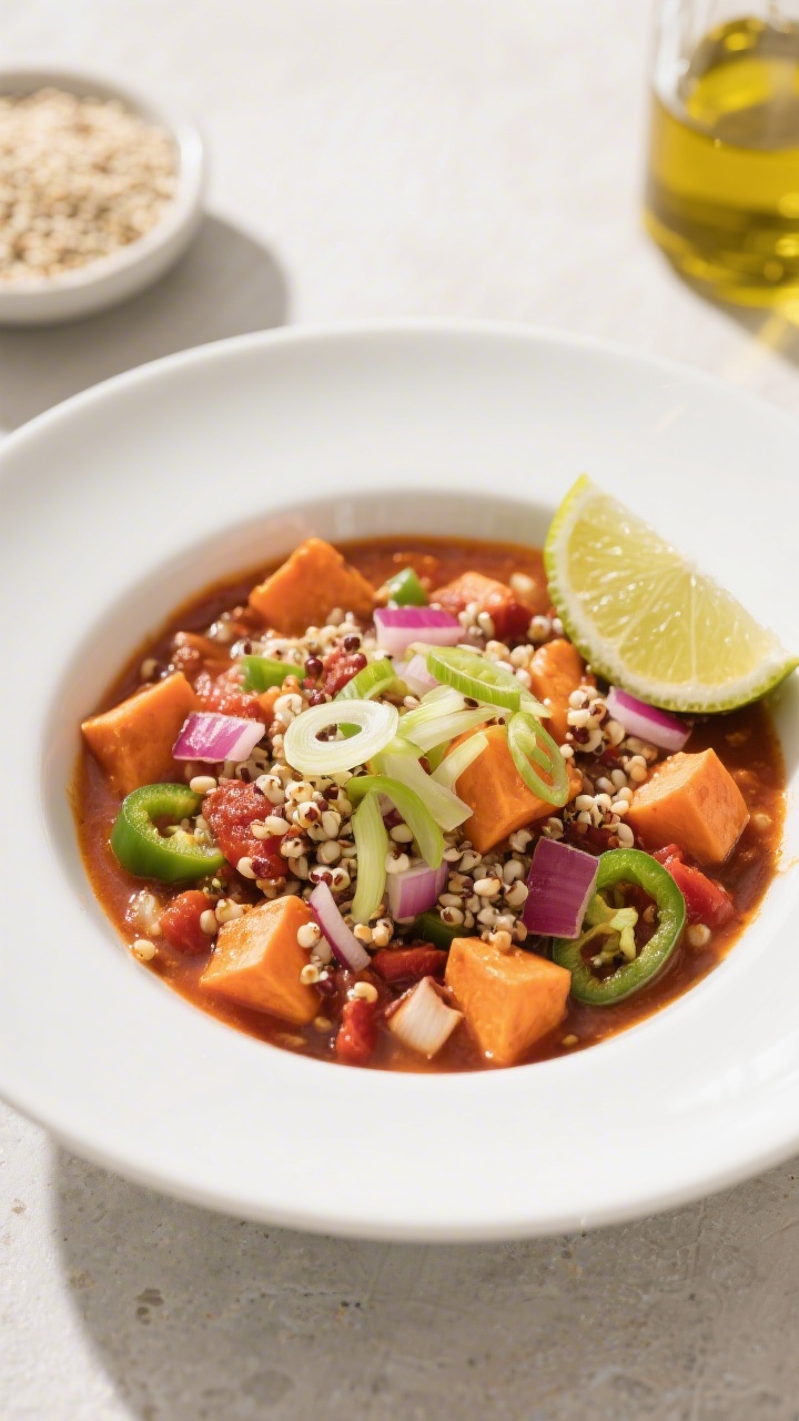 45-degree plated weeknight bowl of Sweet Potato & Quinoa Power Chili: tender 1/2-inch orange sweet potato cubes, pearly quinoa threads throughout, diced red onion and poblano pepper pieces, and flecks of minced garlic in a vibrant tomato base; served in a wide white ceramic bowl topped with thinly sliced scallions and a lime wedge on the rim; background shows a small dish of rinsed dry quinoa and a drizzle of olive oil in a glass cruet; bright, energetic weeknight mood with natural daylight and crisp shadows, focus on hearty textures and contrasting colors.