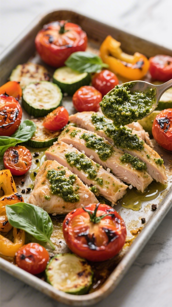 45-degree sheet-pan action shot of one-pan pesto chicken and roasted veg: boneless skinless chicken thighs brushed with basil pesto and olive oil, sprinkled with kosher salt and black pepper, roasting alongside blistered cherry tomatoes, sliced zucchini and bell peppers; charred tomato skins, glossy pesto sheen, a final spoonful of pesto dotted over, with a few torn basil leaves for freshness