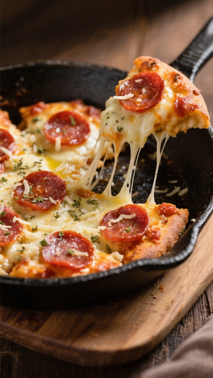 45-degree skillet shot of one-pan pepperoni pizza bites: bubbly pools of melted shredded mozzarella and grated Parmesan around dollops of low-sugar marinara, studded with mini pepperoni slices crisping at the edges; finished with a glisten of olive oil and a sprinkle of dried oregano; served straight in a small black cast-iron skillet on a wooden board; strings of cheese stretching from a lifted bite to showcase gooey texture; rich, warm tones and directional light for irresistible, “cheat-day” appeal without the carbs.