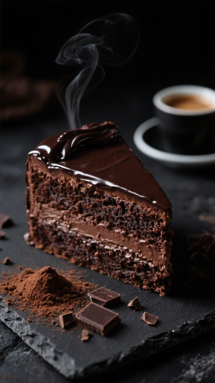 A dramatic 45-degree close-up of a Midnight Chocolate Espresso Layer Cake: ultra-moist dark chocolate layers infused with espresso, frosted with glossy dark chocolate ganache, fine crumb texture visible; cocoa powder dusting, a small mound of espresso grounds, and broken dark chocolate squares scattered on a matte black slate. Low-key lighting for a grown-up mood, subtle steam from a demitasse of espresso in the background, shallow depth of field highlighting the slice’s tight crumb and ganache drip. Professional, moody, decadent.