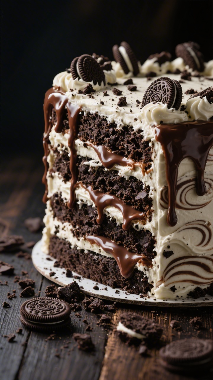 A towering 45-degree angle shot of a Cookies ’N’ Cream cake: multiple layers packed with crushed chocolate sandwich cookies, thick ribbons of glossy hot fudge swirled between layers and on top, cookies embedded along the sides for texture. Smooth vanilla-cream frosting marbled with cookie crumbs, a dramatic fudge drip, scattered cookie rubble on a dark wood surface. High contrast lighting to emphasize swirl patterns and crunchy-creamy textures, indulgent and nostalgic yet polished.