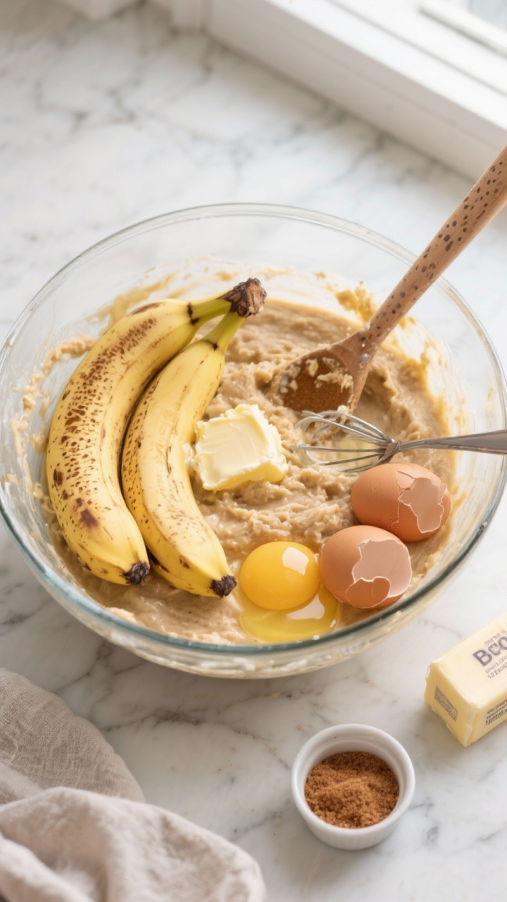 An overhead shot of the One-Bowl Classic banana bread batter in a large glass mixing bowl on a light marble surface: three large very ripe bananas mashed to about 1 1/4 cups, melted and slightly cooled unsalted butter pooling at the edges, 3/4 cup packed light brown sugar sprinkled in, two cracked room-temperature eggs visible with glossy yolks, and a teaspoon of pure vanilla ready to be whisked in. Include a wooden spoon coated with speckled banana mash, a small ramekin of extra brown sugar, and a stick of butter wrapper off to the side. Soft natural window light, clean, homey mood, ingredient-prep focus.