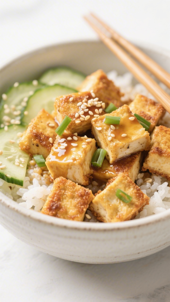 Close-up bowl composition of crispy baked tofu bowls with sesame-ginger sauce: golden cornstarch-coated tofu cubes baked to a shattering crisp, drizzled with glossy sesame-ginger sauce; nestled over fluffy white rice or quinoa, with thinly sliced cucumber, sesame seeds, and scallions. Focus on the crackly tofu crust and lacquered sauce; bright, clean light, minimalist ceramic bowl, chopsticks resting on the rim.
