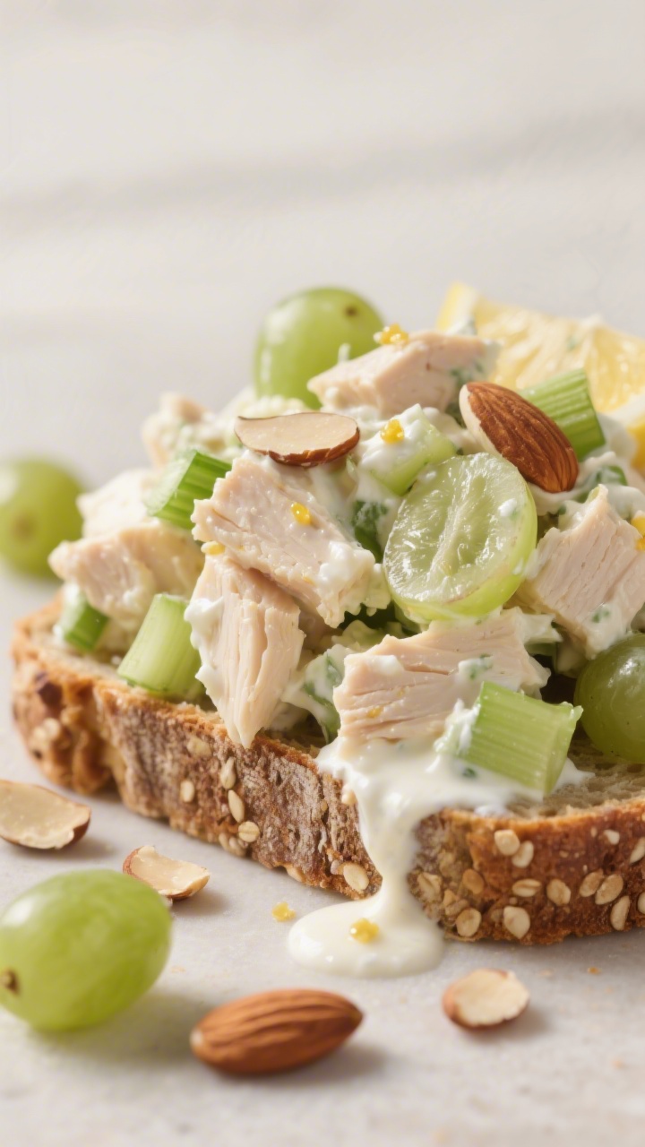 Close-up of creamy Greek yogurt chicken salad: juicy diced chicken breast folded with plain 2% Greek yogurt, a touch of mayonnaise, Dijon mustard, and lemon juice; speckled with chopped celery, halved crisp green grapes, and toasted almond slivers for crunch; piled high on a slice of multigrain bread with extra grapes and almonds scattered, showing glossy, tangy dressing clinging to textures; neutral background for a fresh, bright deli-style vibe.