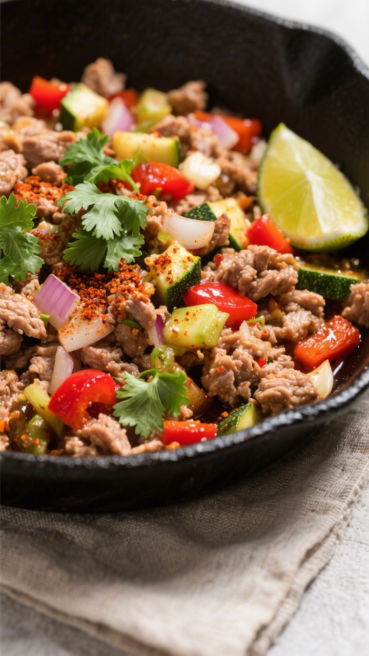Close-up skillet shot of a turkey taco mixture: lean ground turkey browned with finely diced onion, red bell pepper, grated zucchini, and minced garlic; visible chili powder and cumin speckling the meat; glossy from a touch of olive oil; topped with a scatter of fresh cilantro and lime wedges on the side; served in a matte black skillet over a neutral linen to emphasize the colorful veggies