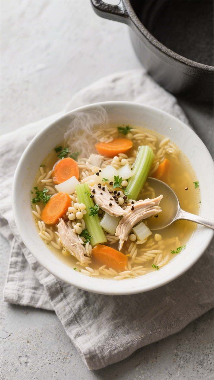 Cozy overhead bowl of chicken and veggie soup with mini orzo: clear golden low-sodium chicken broth brimming with diced onion, sliced carrots, sliced celery, tender shredded chicken, and tiny pearls of orzo; steam gently rising; finished with a sprinkle of parsley and cracked pepper; served in a white ceramic bowl with a ladle resting in a Dutch oven nearby, on a soft gray linen for warmth