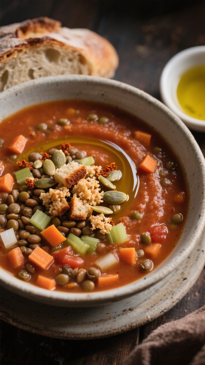 Cozy overhead soup scene: a deep bowl of lentil-tomato soup, thick with brown-green lentils, diced carrots, celery, onions, and hints of cumin and smoked paprika; swirl of extra-virgin olive oil on top, crunchy toppers like toasted bread crumbs and pumpkin seeds sprinkled over; torn rustic bread and a small dish of olive oil on the side; warm, low-contrast lighting for a homestyle feel.