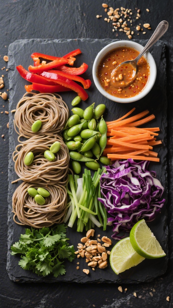 Overhead flat lay of Edamame Soba Noodle Salad prep: tidy sections of cooked soba noodles, shelled edamame, thin red bell pepper strips, shredded purple cabbage, julienned carrots, sliced green onions, and chopped cilantro. A small bowl of glossy spicy peanut-lime sauce with a spoon, crushed peanuts sprinkled around. Minimal, graphic composition on a dark stone to pop the colors.
