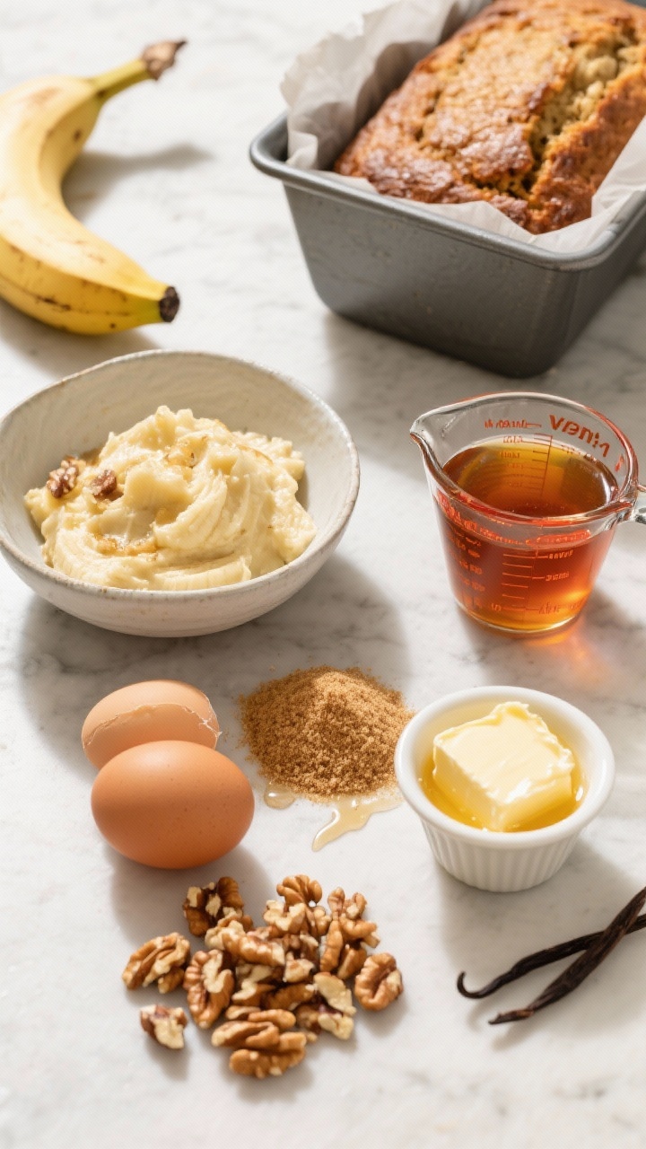 Overhead flat lay of Maple-Walnut Banana Bread mise en place: a bowl with 1 1/4 cups mashed very ripe bananas, a measuring cup of pure maple syrup glistening amber, a small mound of light brown sugar, melted unsalted butter in a heatproof cup, two eggs, vanilla extract, and a pile of chopped walnuts ready for folding. Include a parchment-lined loaf pan and a maple-syrup dribble on the surface. Natural morning light with warm highlights to echo the maple and toasty walnut crunch, clean and organized ingredient shot.
