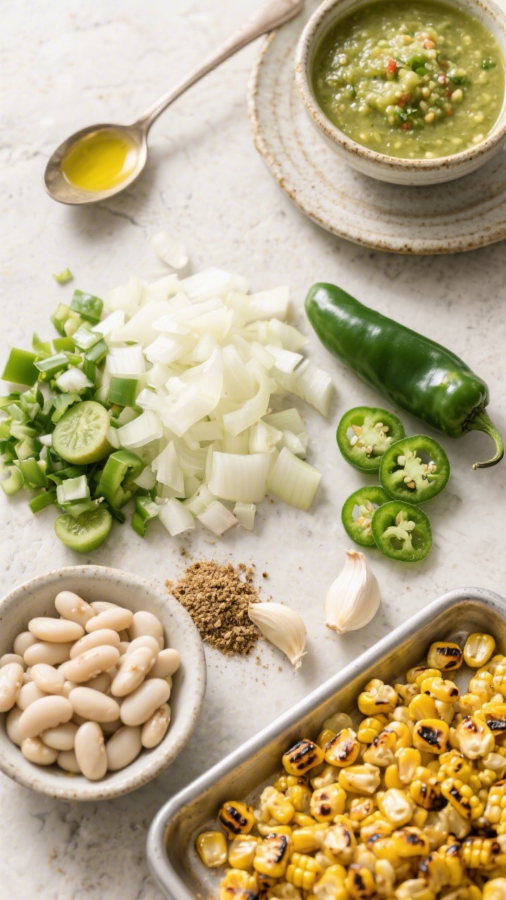 Overhead ingredient-and-prep flat lay for Roasted Corn & White Bean Chili Verde: neatly styled piles of diced onion, poblano, minced jalapeño (seeds visible on the side for “kick”), minced garlic, ground cumin in a tiny dish, drained white beans, and a tray of golden charred roasted corn kernels; a light green tomatillo-style salsa base in a bowl for the verde hue; olive oil spooned on a ceramic saucer; arranged on a pale stone surface with clean, fresh, bright lighting that emphasizes the green and yellow tones—crisp, vibrant, Southwestern mood.