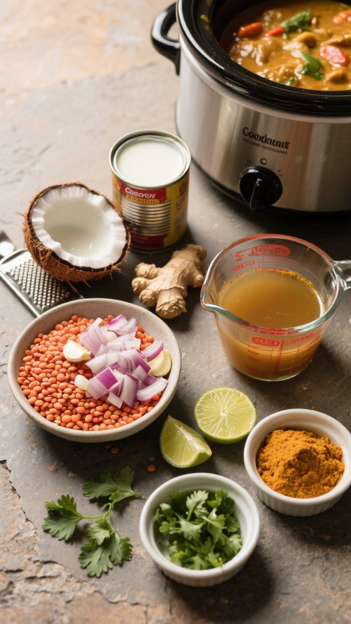 Overhead ingredient flat lay for Cozy Coconut Lentil Curry: rinsed red lentils in a small bowl, finely chopped onion, minced garlic, freshly grated ginger knob with microplane, cans of full-fat coconut milk opened with creamy tops, vegetable broth in a glass measuring cup, curry powder and turmeric in ramekins, lime wedges and cilantro sprigs for garnish; arranged neatly on a warm gray stone surface with a slow cooker crock in frame, soft diffused daylight, vibrant reds and golds hinting at the curry’s color, no people.