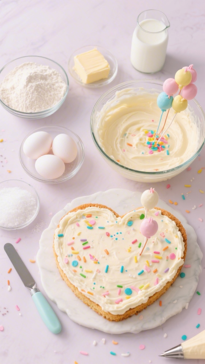 Overhead ingredient-to-assembly scene for Funfetti Heart Confetti: bright, airy flat lay on a pale pastel background showing cake flour, baking powder, fine salt, room-temperature unsalted butter, granulated sugar, four large egg whites in a glass bowl, and whole milk; a mixing bowl of pale vanilla batter with rainbow sprinkles folded in; beside it, a baked heart layer studded with colorful confetti; buttercream “balloon” clusters being piped on top with small strings drawn in buttercream, scattered pastel sprinkles, offset spatula and piping tips in frame; cheerful, high-key lighting.