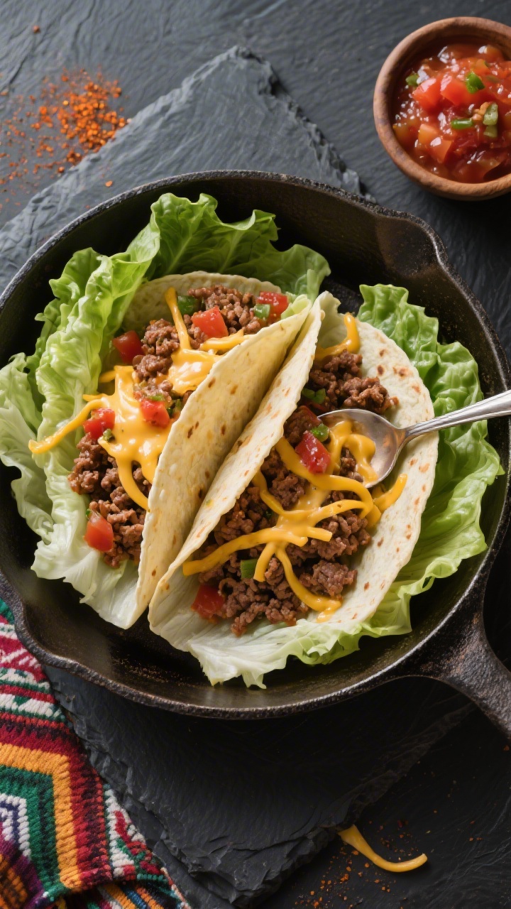 Overhead plated taco-lettuce wrap assembly: cheesy beef taco skillet filling spooned into crisp romaine leaves; ground beef glistening with sugar-free salsa and taco seasoning, melted cheddar strands stretching, a few extra lettuce leaves and a small bowl of salsa on the side; dark slate backdrop for contrast, vibrant, fiesta-like color pop without clutter.