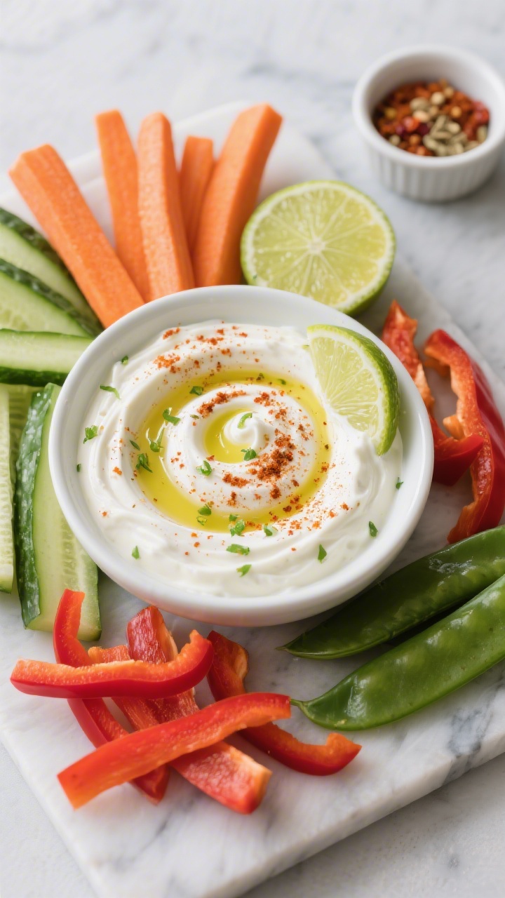 Overhead shot: A bowl of creamy chili-lime Greek yogurt dip swirled with olive oil, lime zest sprinkled on top, dusting of chili powder, cumin, and smoked paprika visible on the surface. Surround the bowl with crunchy veg dippers—vibrant carrot sticks, cucumber spears, red bell pepper strips, and snap peas—on a cool marble slab with halved limes and a small ramekin of spices for context. Bright, clean lighting, crisp textures, no people.