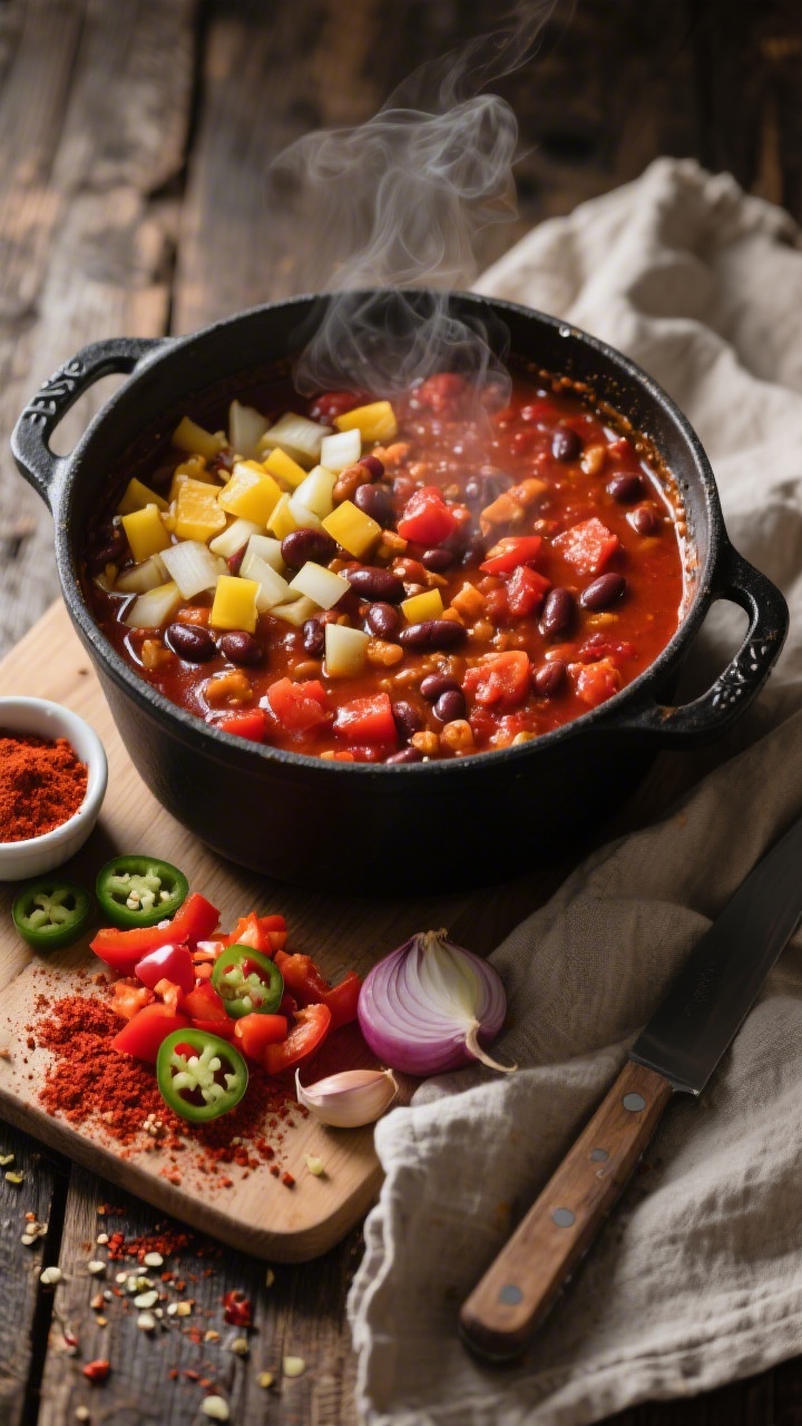 Overhead shot of a classic vegetarian chili simmering in a matte black Dutch oven: diced yellow onion, red bell pepper, minced jalapeño (visible seeds scattered on the board beside for optional heat), crushed garlic, and a generous bloom of deep-red chili powder visible on the glossy surface; rich brick-red broth with visible bean and tomato chunks; steam rising; styled on a rustic wooden table with a small ramekin of chili powder, a chef’s knife with onion skins, and a neutral linen—moody, cozy potluck vibe, no people, professional lighting with gentle highlights on the chili’s sheen.