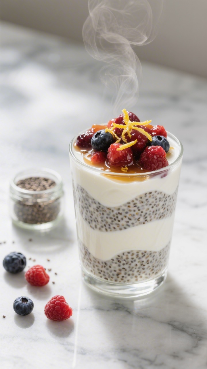 Overhead shot of a Morning Glow Gut-Soothing Chia Yogurt Parfait: layers of plain unsweetened Greek yogurt swirled with chia pudding (chia seeds soaked in unsweetened almond milk) topped with a glossy compote of warm mixed berries, a sprinkle of lemon zest and a drizzle of honey, served in a clear glass to showcase layers; scattered fresh berries and a small jar of chia seeds on a cool marble surface, soft morning light, clean minimal styling, steam subtly rising from the berry topping