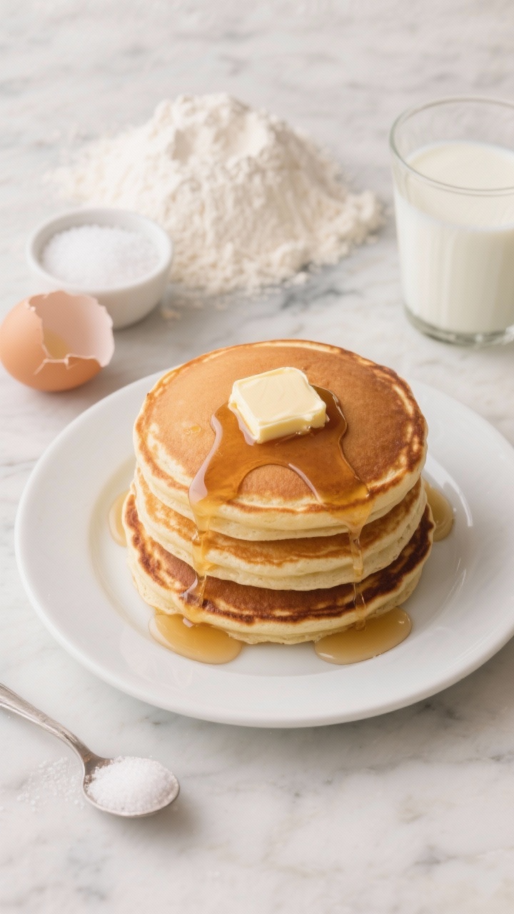 Overhead shot of classic diner-style fluffy pancakes stacked three-high on a white ceramic plate, golden-brown with crisp edges and soft interiors, a pat of melting unsalted butter on top and maple syrup dripping down the sides; include a small bowl of granulated sugar, a heap of all-purpose flour, a teaspoon of baking powder and a pinch of baking soda and fine salt styled nearby, with a glass of milk and a cracked egg shell to hint at the batter; shot on a neutral marble surface with soft morning light, minimal props for a timeless diner feel.