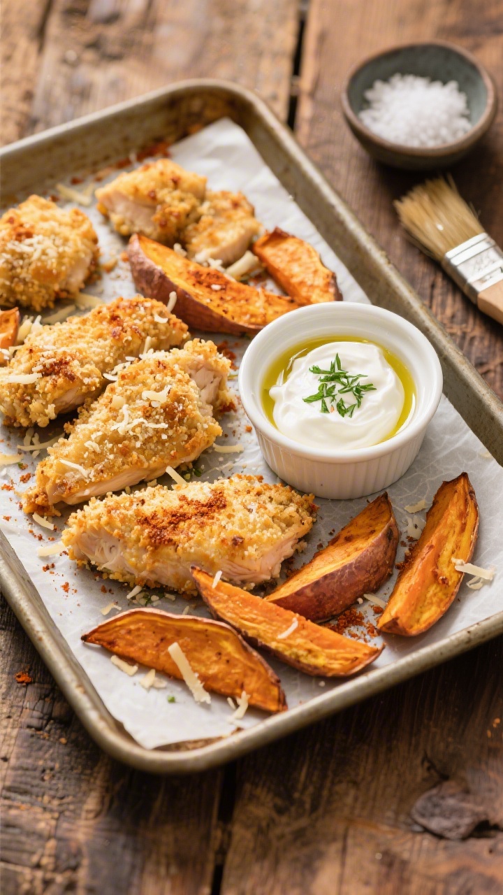 Overhead shot of crispy Parmesan-coated chicken bites and roasted sweet potato wedges on a parchment-lined sheet pan, golden edges and crunchy texture visible; sprinkle of smoked paprika, garlic powder, onion powder, and flecks of Parmesan on the chicken; a small ramekin of herbed Greek yogurt dip on the side, light olive oil sheen, styled on a warm rustic wooden surface with a pinch bowl of sea salt and a brush glazed with olive oil nearby