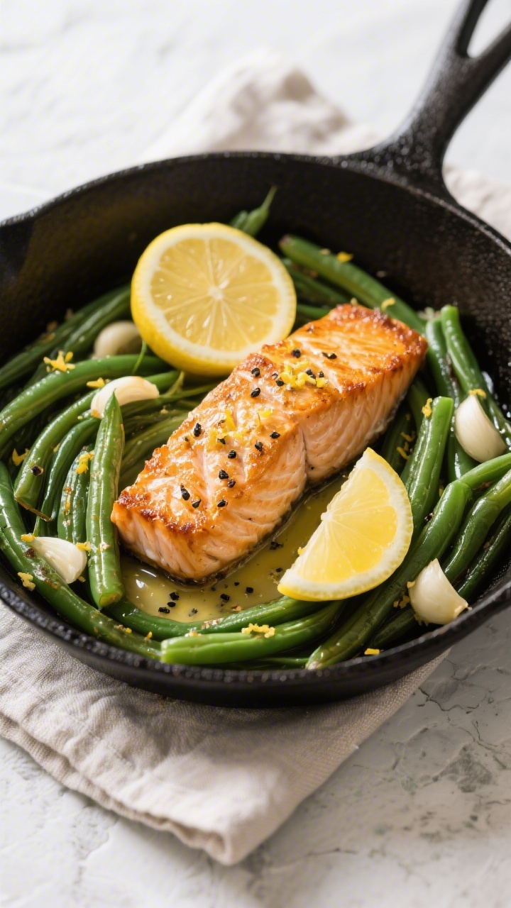 Overhead shot of crispy skin-on lemon-butter salmon fillets in a black cast-iron skillet, nestled with vibrant sautéed garlic green beans; visible lemon zest sprinkled on top, lemon wedges and a small pool of glossy butter sauce with cracked black pepper; styled on a light stone surface with a folded linen, bright, clean lighting emphasizing golden salmon skin and tender green beans.