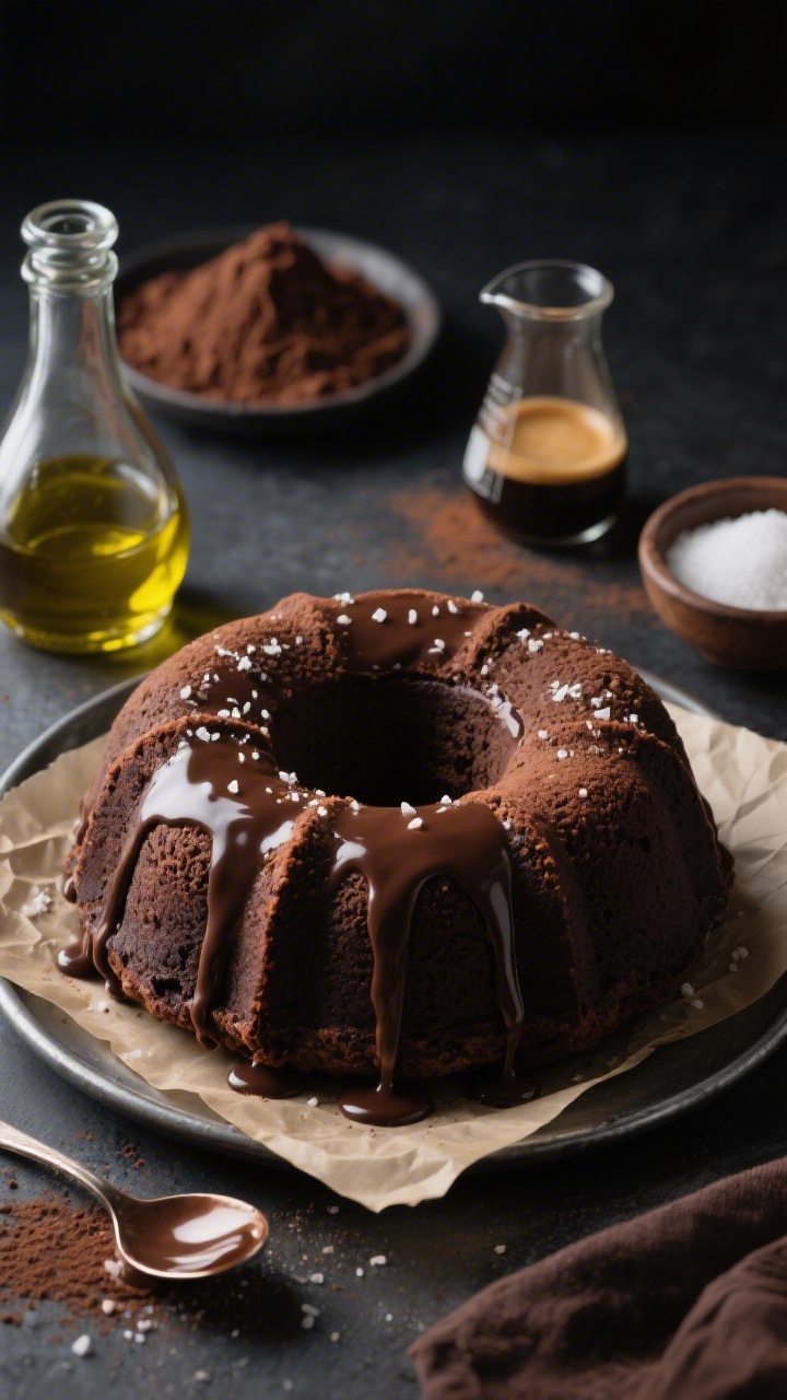 Straight-on close-up of a deeply dark one-bowl chocolate olive oil cake set on parchment-lined tin, satin finish with a thin espresso glaze dripping slowly down the sides; cocoa-dusted surface and fine sea salt crystals catching light. Surround with key elements: a glass bottle of extra-virgin olive oil, a mound of Dutch-process cocoa, a small beaker of strong espresso, sugar in a bowl, and a spoon with glossy glaze. Moody, low-key lighting to emphasize rich chocolate texture and olive oil sheen.