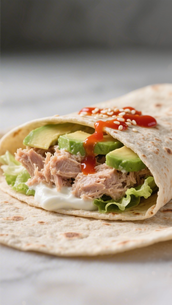 Straight-on close-up of Spicy Tuna-Avocado Crunch Wrap assembly: whole-wheat tortillas laid open with a creamy tuna mixture made from drained tuna in water, plain Greek yogurt, a touch of mayonnaise, sriracha, soy sauce or tamari, and rice vinegar, layered with ripe avocado slices and shredded lettuce for crunch; glossy streak of sriracha on top, sesame seeds optional; no-cook freshness, clean modern backdrop, focus on creamy-spicy texture and stacked layers before folding.