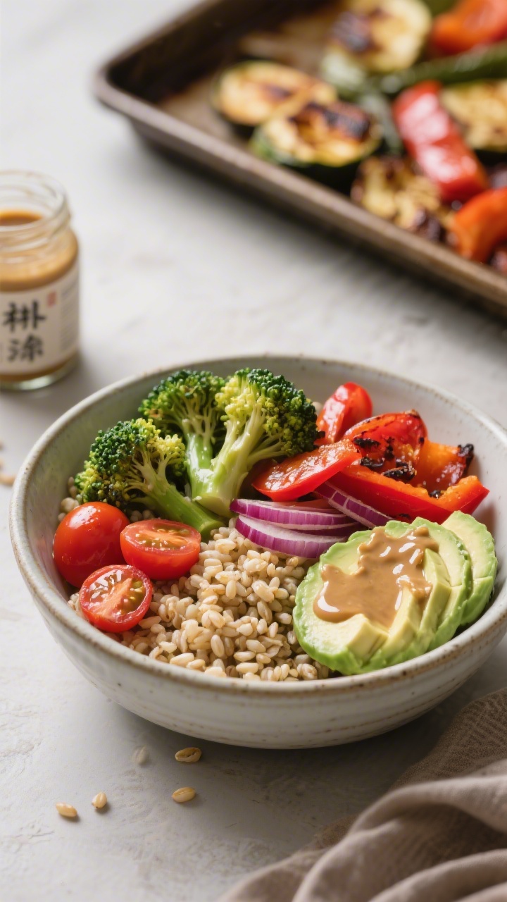 Straight-on composed power bowl: a wide ceramic bowl filled with pearled barley cooked in low-sodium vegetable broth, topped with roasted broccoli florets, red bell pepper and red onion slices, blistered cherry tomatoes, creamy avocado fan, and a glistening tangy miso dressing drizzle. Include a small jar of miso dressing and roasted veggie sheet pan blurred in the background. Balanced, hearty, and colorful.