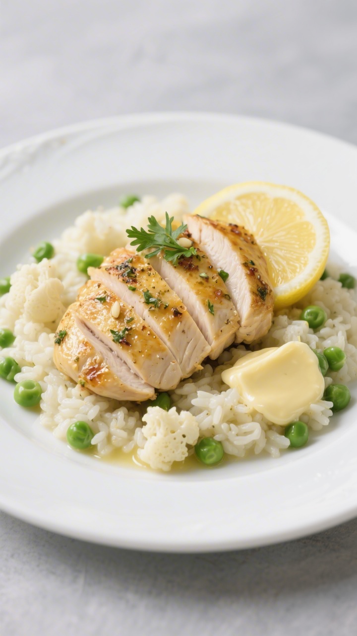 Straight-on restaurant-style plate: seared lemon-herb chicken breasts with Italian seasoning and garlic powder, golden pan fond glaze, sliced and fanned over creamy cauliflower “risotto” studded with petite green peas; a pat of melted butter glossing the cauliflower rice, fresh lemon slices and chopped parsley to finish; clean white plate against a soft gray backdrop, controlled highlights for a delicate, comforting mood.