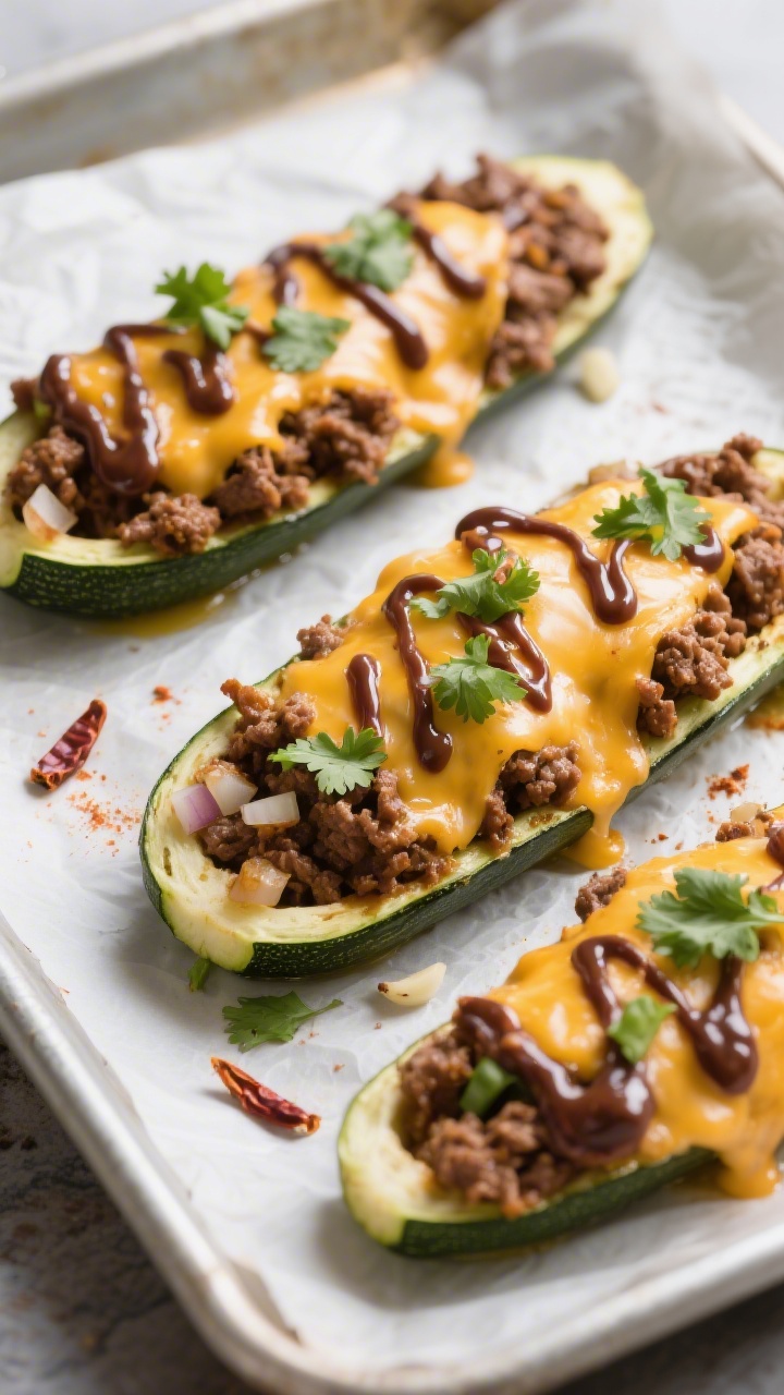 Straight-on shot of cheesy taco-stuffed zucchini boats on a parchment-lined sheet pan: halved, seeded zucchini brushed with olive oil, filled with browned ground beef sautéed with finely diced onion, minced garlic, chili powder, and taco spices; melted cheese bubbling on top, smoky chipotle crema drizzled in thin ribbons, garnished with chopped cilantro and a few chipotle flakes