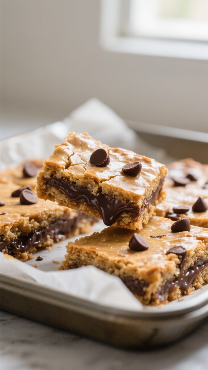 Close-up detail: Freshly baked dessert bars just out of the pan, edges crisp and golden with a gloss
