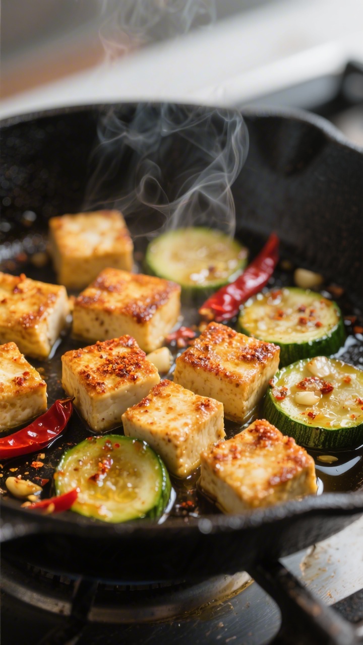 Close-up detail: Golden-crisp tofu cubes seared in olive oil with paprika and garlic powder, edges b