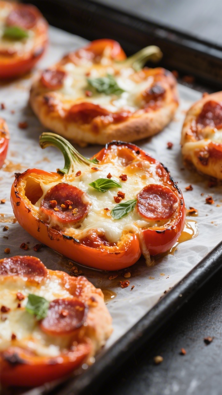 Close-up detail: Mini bell pepper pizzas just out of the oven, cheese melted and lightly browned wit
