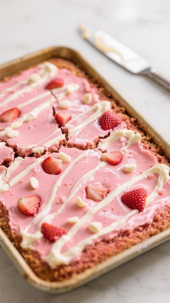 Close-up detail shot of a freshly baked Strawberry Earthquake Cake just out of the oven in a 9x13 pa