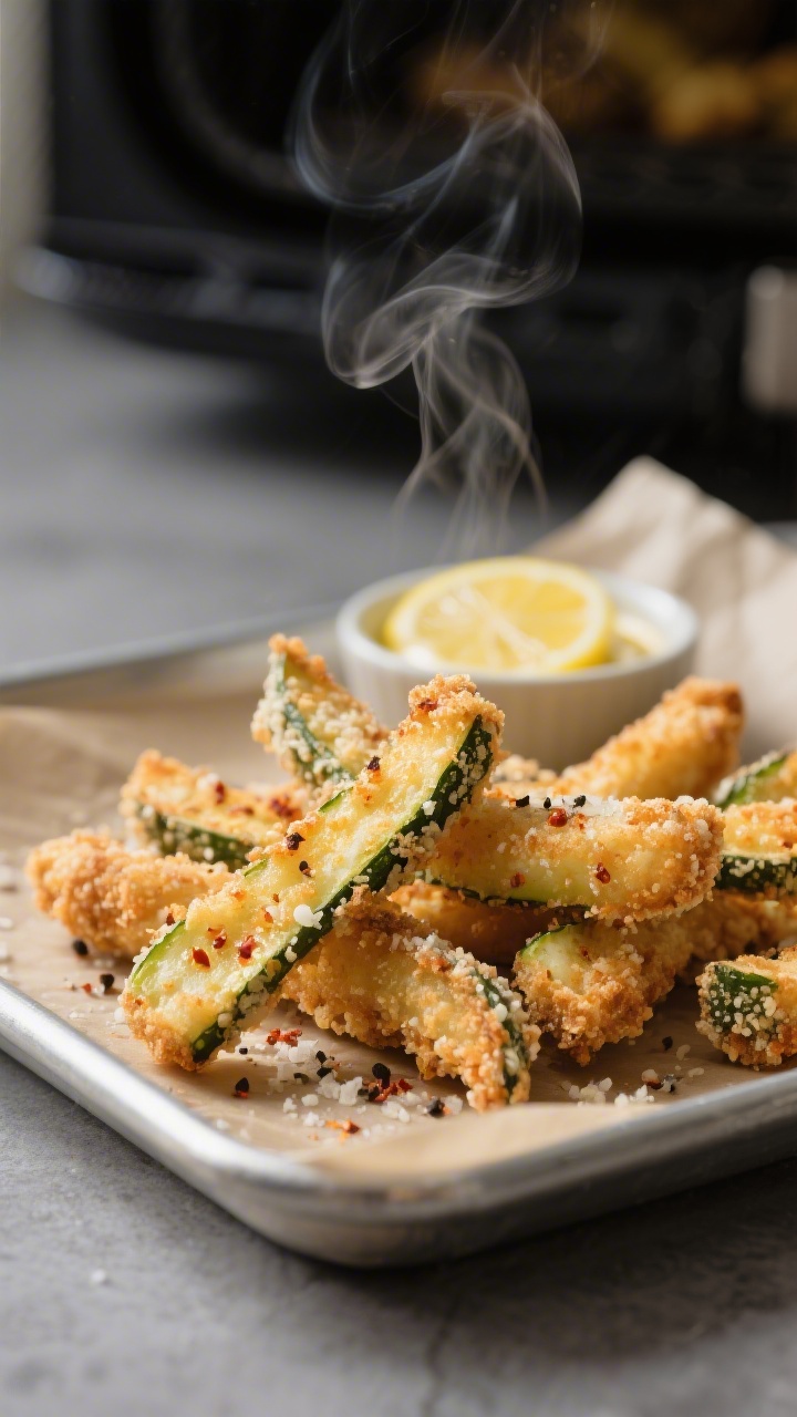Close-up detail: Ultra-crispy zucchini fries fresh from the air fryer, panko-Parmesan crust visibly 
