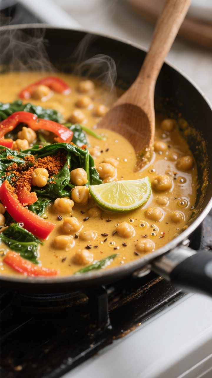 Cooking process, close-up detail: Chickpea coconut curry simmering in a shallow skillet, creamy gold