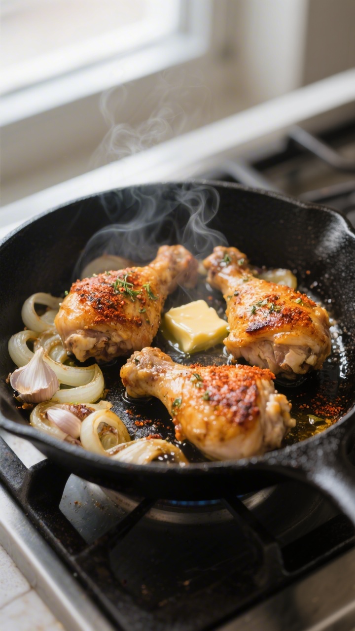 Cooking process, close-up: Golden-browned chicken thigh pieces sizzling in a black cast-iron skillet